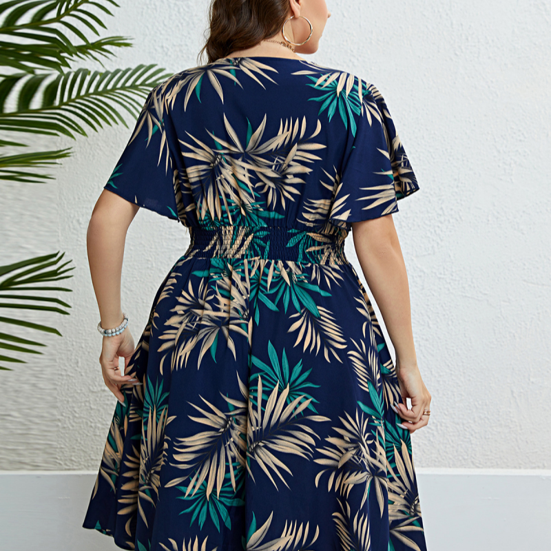 【XL-4XL】🍂Női midi ruha V-nyakkal, nyomtatott mintával és szűk derekú