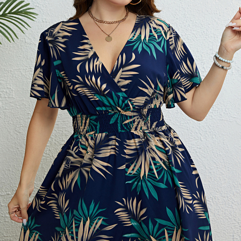 【XL-4XL】🍂Női midi ruha V-nyakkal, nyomtatott mintával és szűk derekú