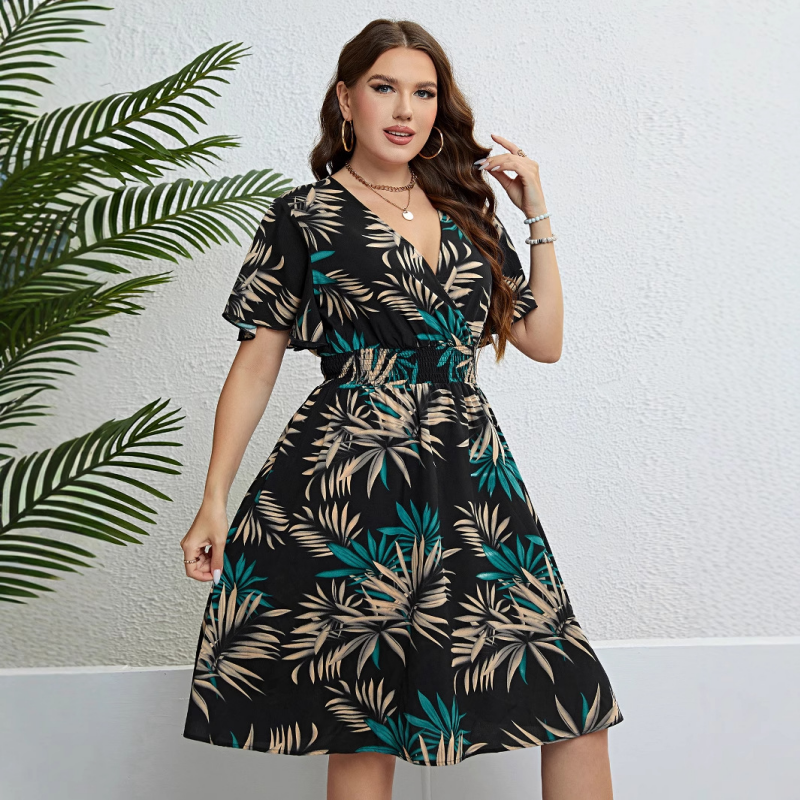 【XL-4XL】🍂Női midi ruha V-nyakkal, nyomtatott mintával és szűk derekú
