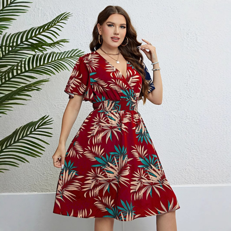 【XL-4XL】🍂Női midi ruha V-nyakkal, nyomtatott mintával és szűk derekú