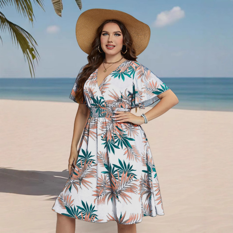 【XL-4XL】🍂Női midi ruha V-nyakkal, nyomtatott mintával és szűk derekú