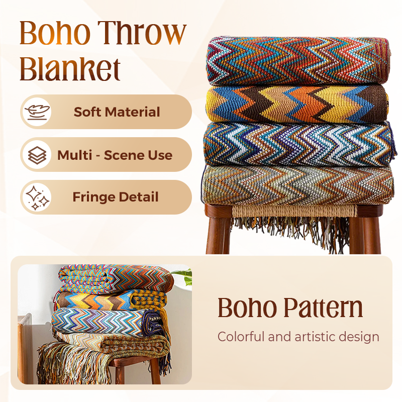 ✨Boho csíkos rojtos takaró - 🥰Bőrbarát textúra, puha és kényelmes