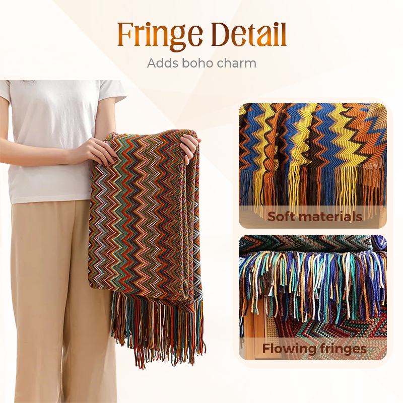 ✨Boho csíkos rojtos takaró - 🥰Bőrbarát textúra, puha és kényelmes