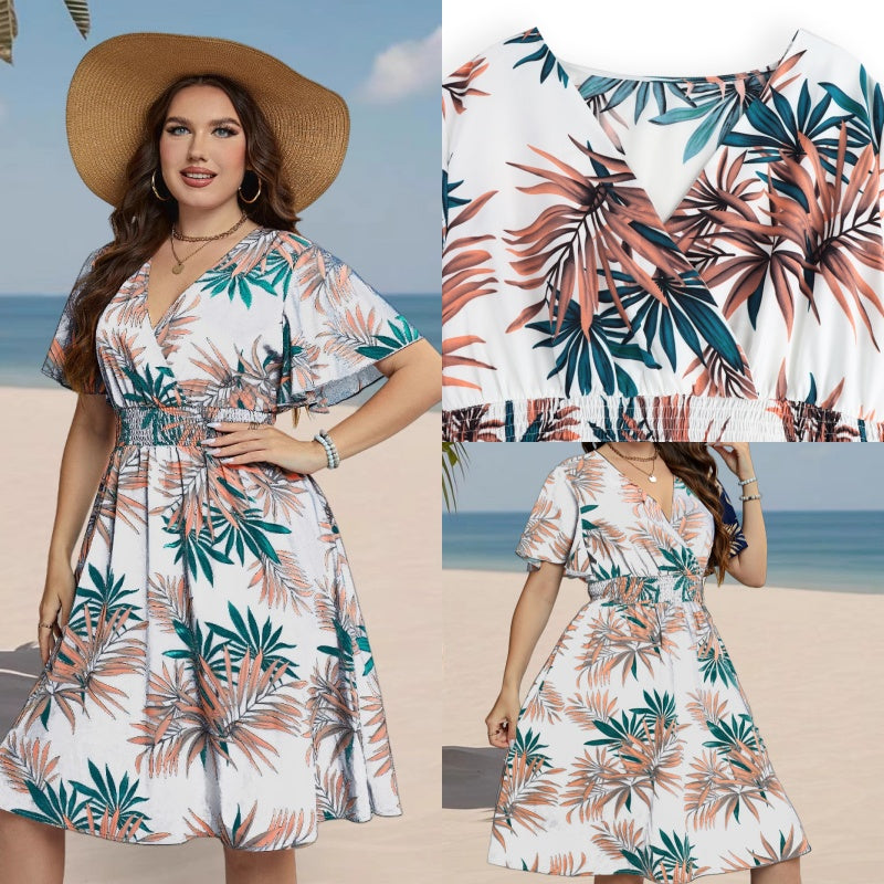 【XL-4XL】🍂Női midi ruha V-nyakkal, nyomtatott mintával és szűk derekú