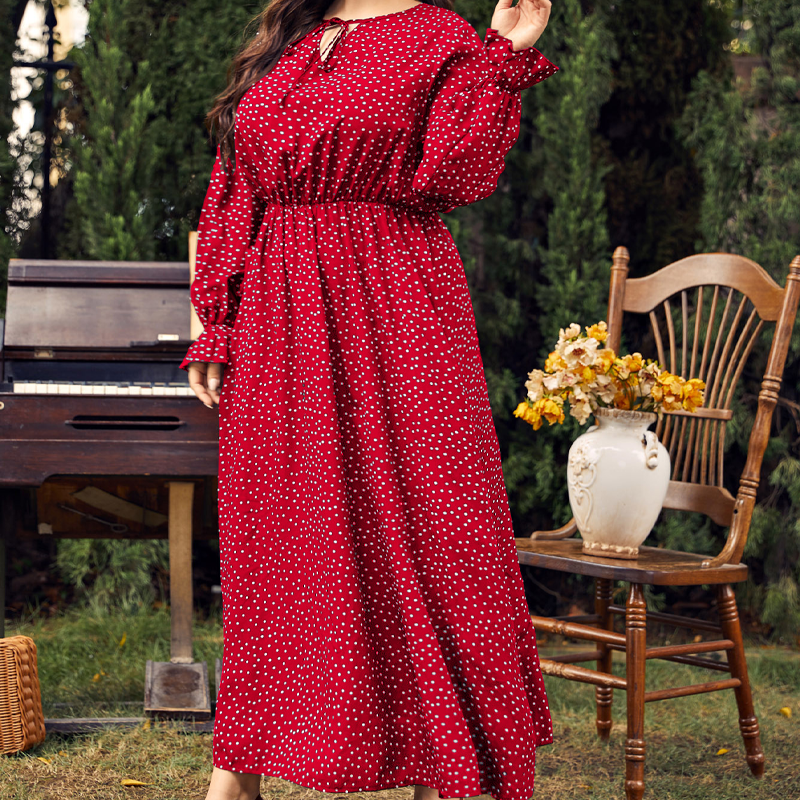 【L-4XL】👗Polka dot long-sleeved dress