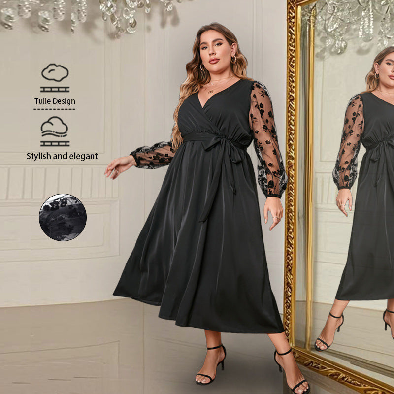 【XL-4XL】👗V-nyakú, áttetsző, hímzett ujjakkal ellátott fekete ruha