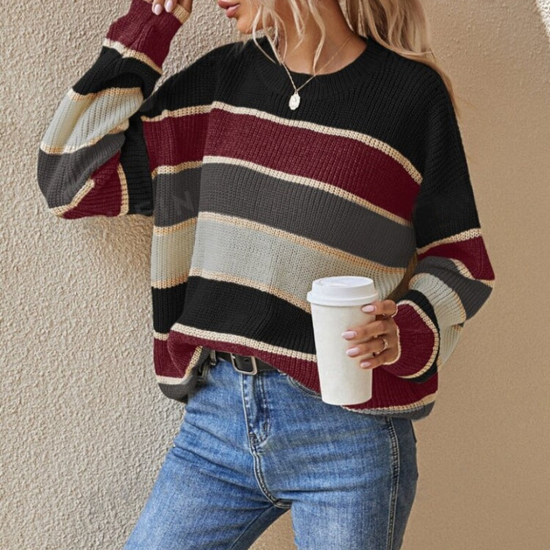 【S-XL】💞Női laza csíkos hosszú ujjú pulóver