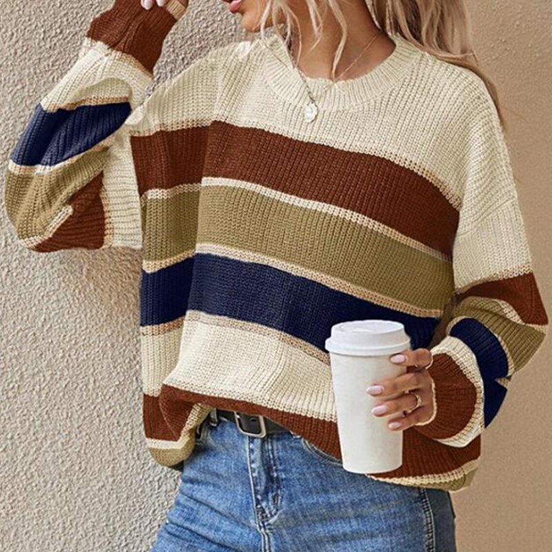 【S-XL】💞Női laza csíkos hosszú ujjú pulóver